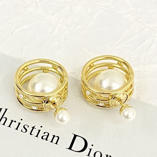 Christian Dior CD Golden Lace Hollow Pearl Earrings