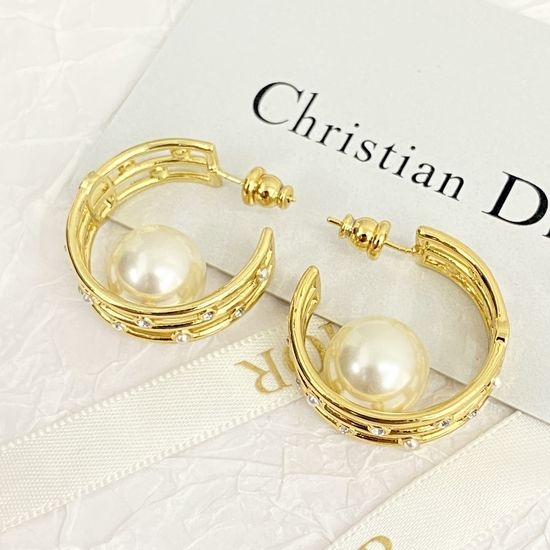 Christian Dior CD Rhinestone Pearl Hoop Earrings
