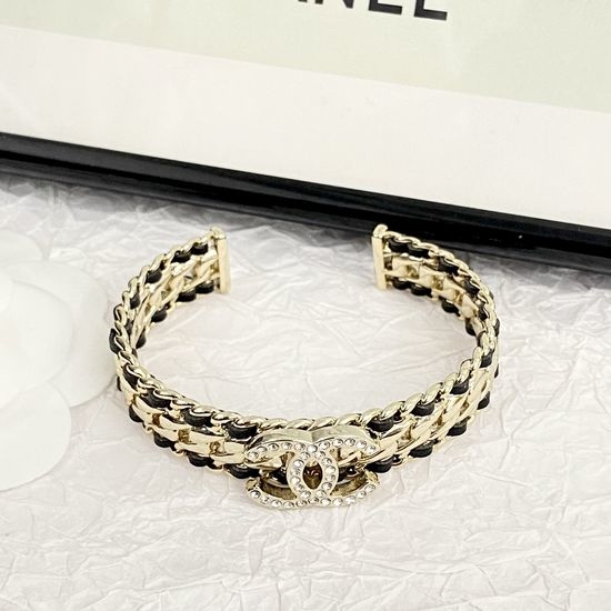 Chanel Rhinestone Leather Open Bangle Exquisite Craft