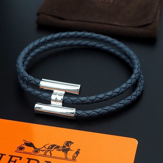 Hermes Double Wrap Leather Cord Bangle Gray Blue