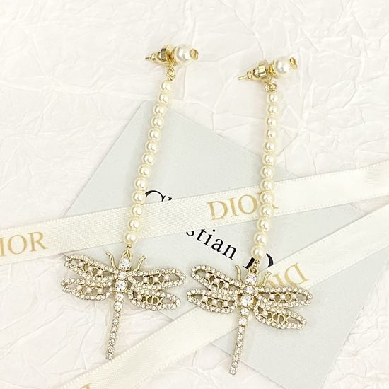Christian Dior CD Crystal Pearl Dragonfly Tassel Drop Earrings