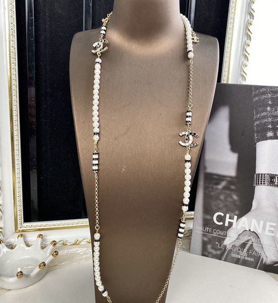 Chanel Enamel Black White Letter Long Sweater Chain