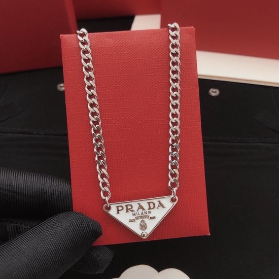 Prada White Triangular Brass Pendant Necklace