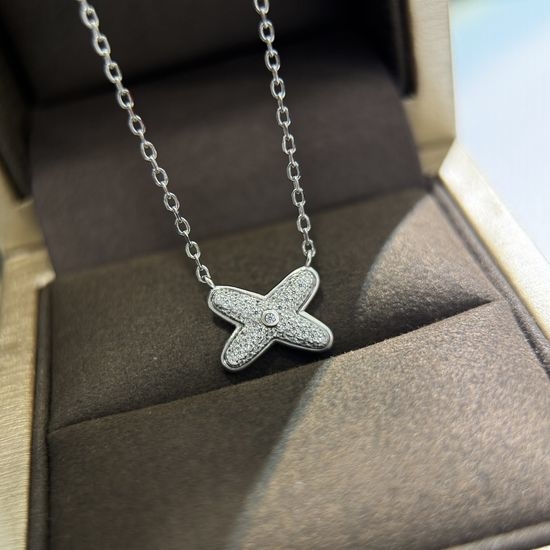 Chaumet Cross Design Full Diamond Necklace Sterling Silver Jewelry