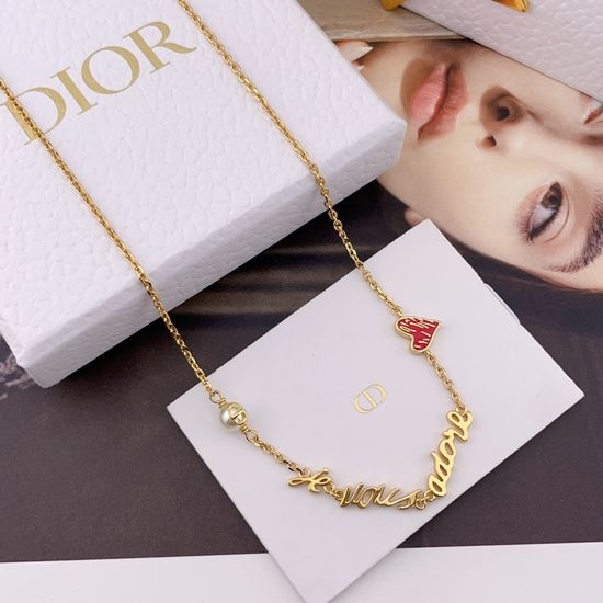 Christian Dior CD Red Heart Letter Pendant Necklace