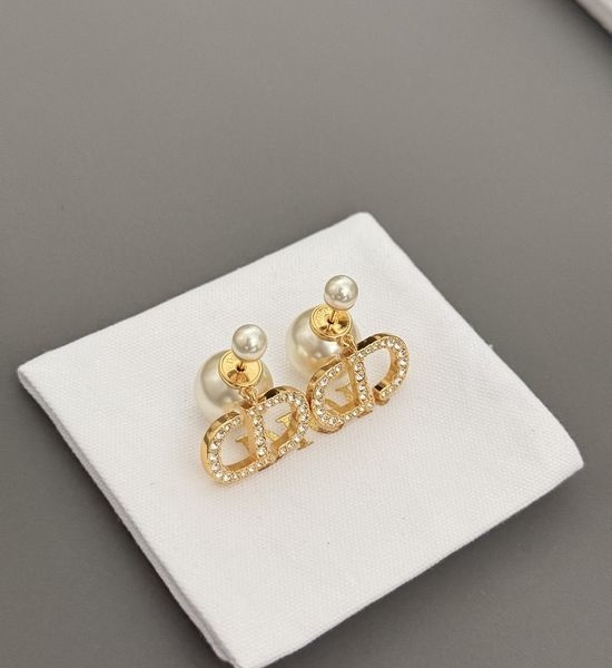 Christian Dior CD Rhinestone Decor Pearl CD Stud Earrings