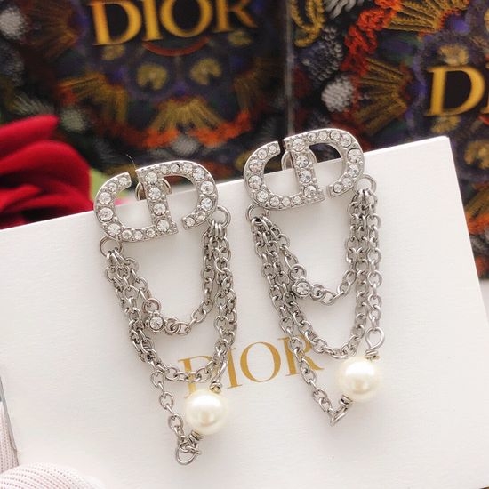 Christian Dior CD Silver Tassel Stud Earrings Brass Material