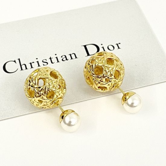 Christian Dior CD Hollow Pearl Flower Ball Stud Earrings