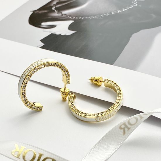 Christian Dior CD White Enamel Rhinestone Hoop Earrings