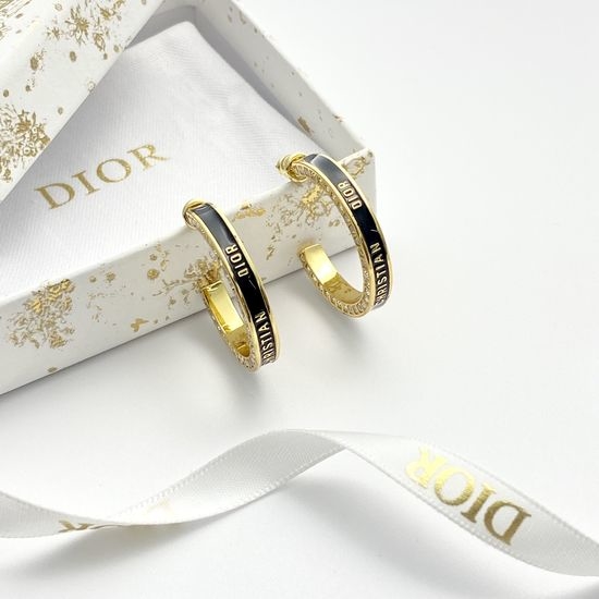 Christian Dior CD Black Enamel Rhinestone Hoop Earrings