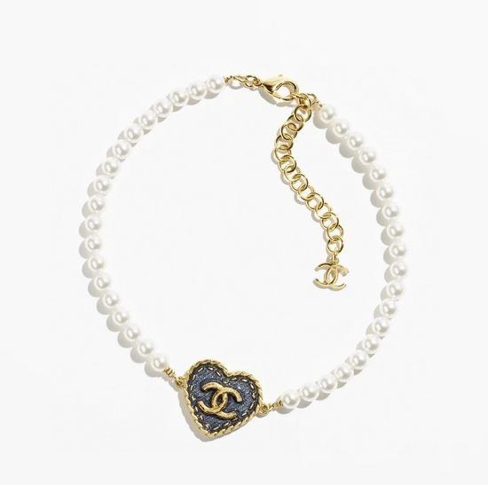 Chanel Denim Heart Pearl Necklace