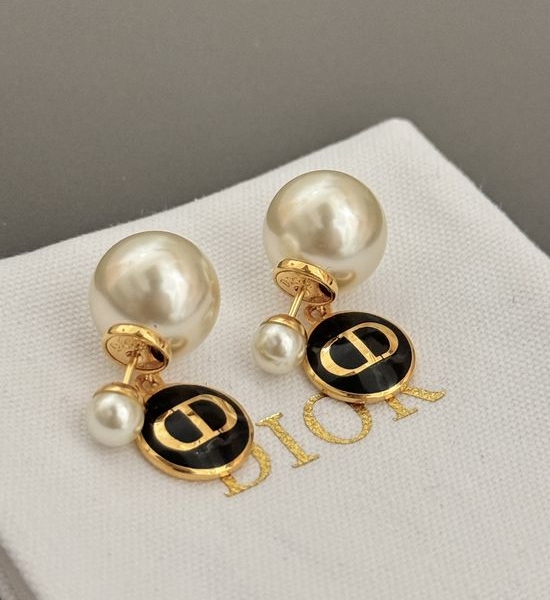 Christian Dior CD Black Round Pearl Stud Earrings