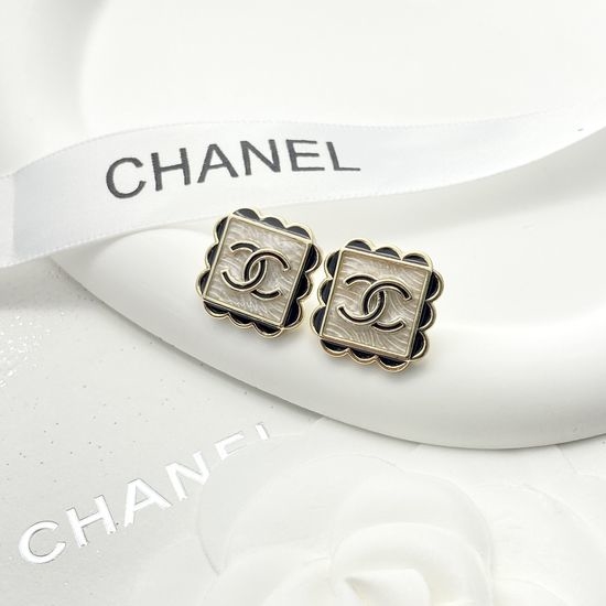Chanel Square Black Lace Trim Stud Earrings