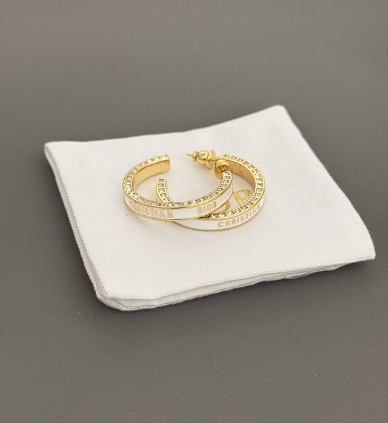Christian Dior CD Rhinestone Enamel Letter Hoop Earrings