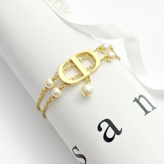 Christian Dior CD Double Layer Pearl Chain Pendant Bracelet