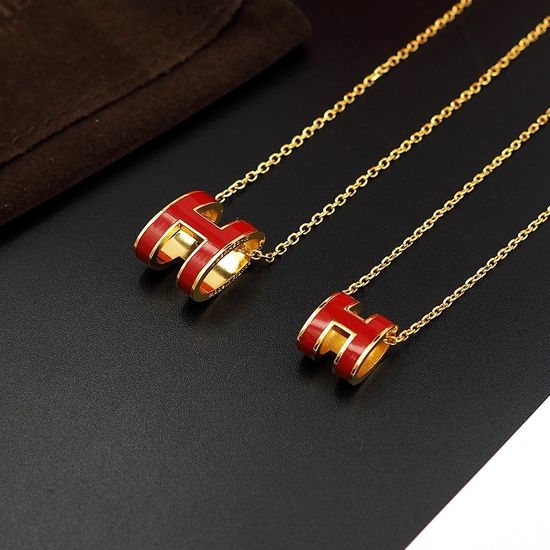 Hermes Bright Enamel Pendant Necklace Red Color
