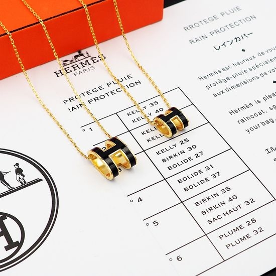 Hermes Classic Enamel Pendant Necklace Black Color