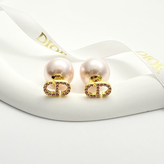Christian Dior CD Pink Pearl Inlaid Rhinestone Stud Earrings