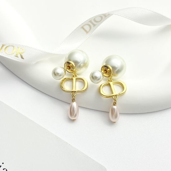 Christian Dior CD Double Pearl Drop Pendant Stud Earrings