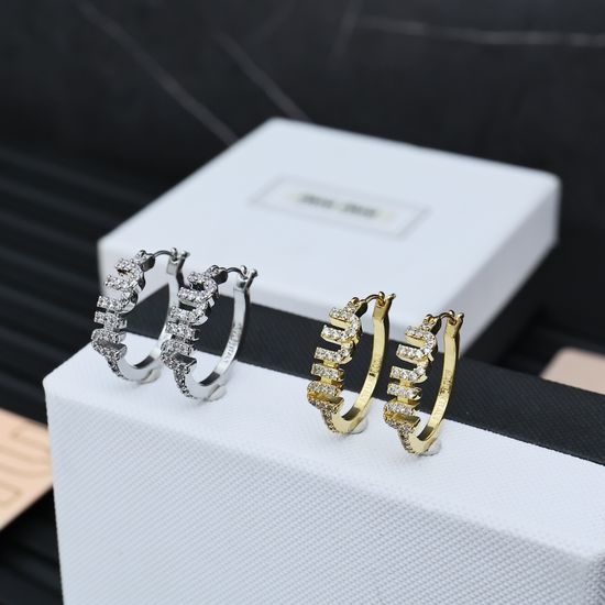 Miu Miu Full Diamond Letter Hoop Earrings Gentle Elegant Style