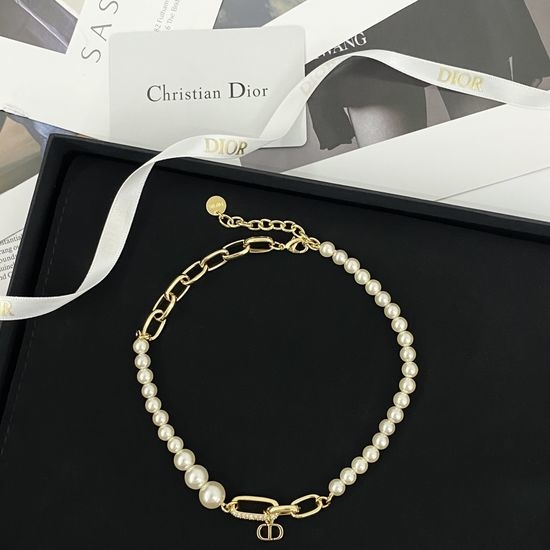 Christian Dior CD Pearl Chain Stitching Necklace Classic Versatile