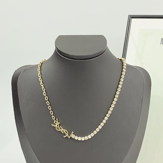 Yves Saint Laurent YSL Half-diamond Logo Necklace Elegant Shiny Jewelry