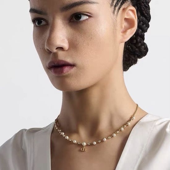 Christian Dior CD Single Layer Pearl Crystal Pendant Necklace