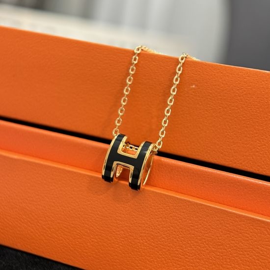 Hermes Sterling Silver Enamel H Necklace