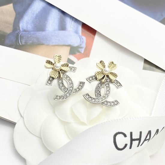 Chanel Clover Pearl Rhinestone Stud Earrings