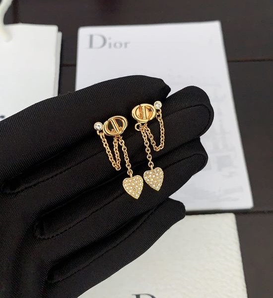 Christian Dior CD Rhinestone Heart Brass Stud Earrings