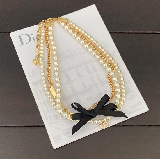 Christian Dior CD Three Layer Bow Pearl Pendant Necklace