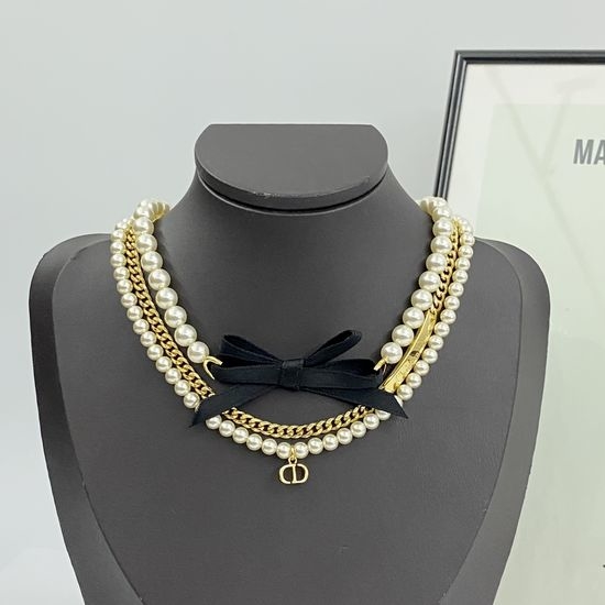 Christian Dior CD Black Bow Three Layer Pearl Necklace