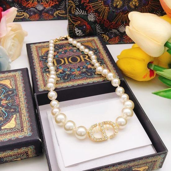 Christian Dior CD Diamond Pearl Brass Necklace
