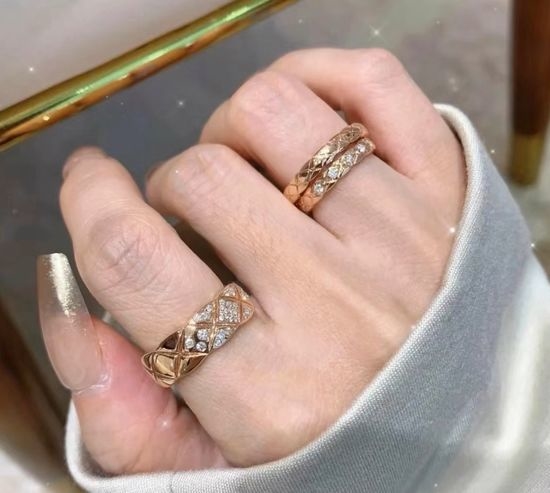 Chanel Wide Diamond-Studded Gold Ring