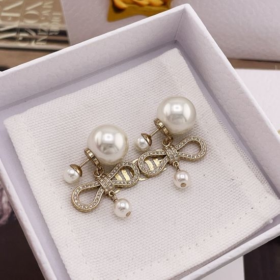 Christian Dior CD Rhinestone Bow Dangle Beads Earrings