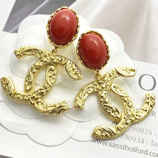 Chanel Red Stone Relief Earrings