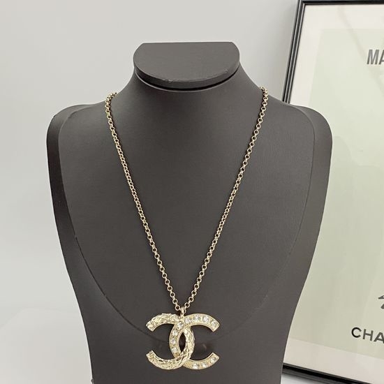 Chanel Quilted Rhinestone Double C Pendant Necklace