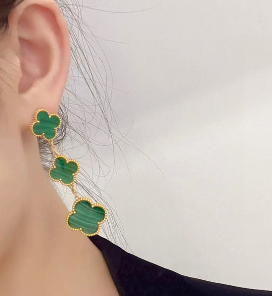 Van Cleef & Arpels VCA Malachite Three Flower Clip On Earrings