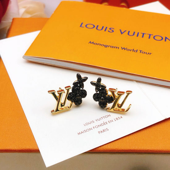 Louis Vuitton LV Black Diamond Stud Earrings Brass Material