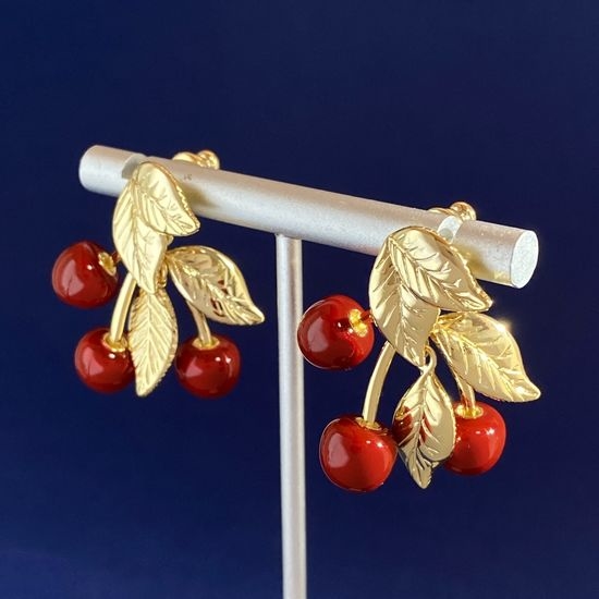 Yves Saint Laurent YSL Leaf Cherry Drop Stud Earrings