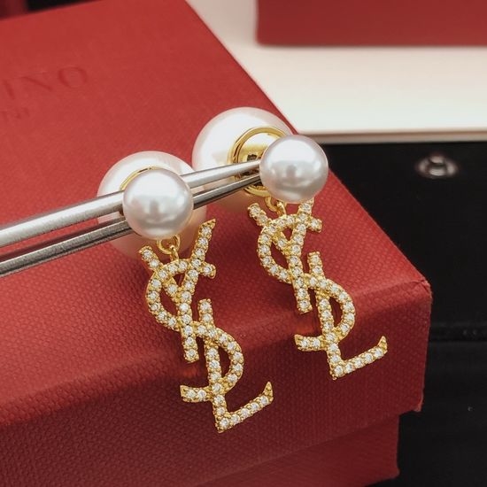 Yves Saint Laurent YSL Pearl Diamond Inlaid Earrings Brass Material
