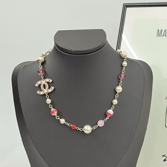 Chanel Pink Enamel Pearl Double C Necklace