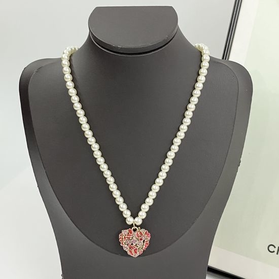 Christian Dior CD Carved Heart Pearl Pendant Necklace