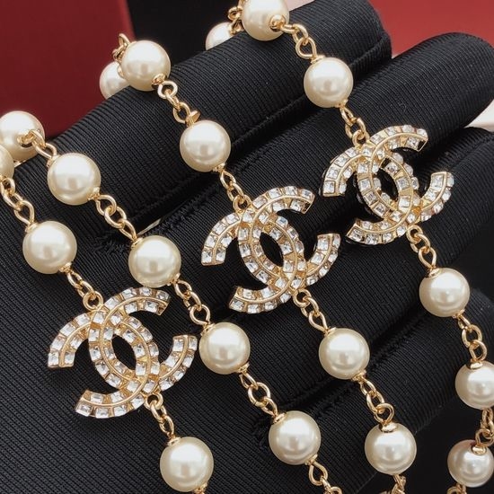 Chanel Square Diamond Pearl Sweater Chain Brass