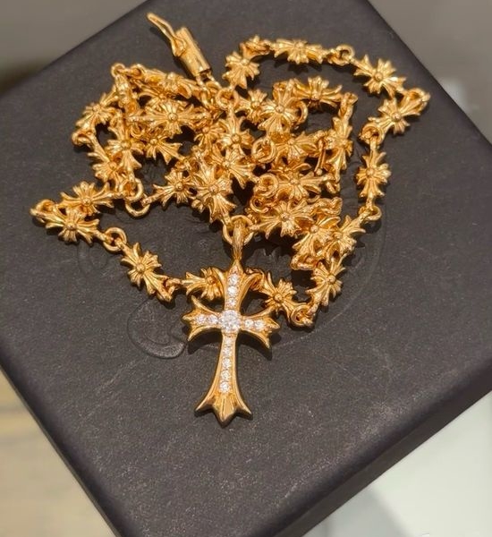 Chrome Hearts Gold Tone Pave Cross Pendant Necklace