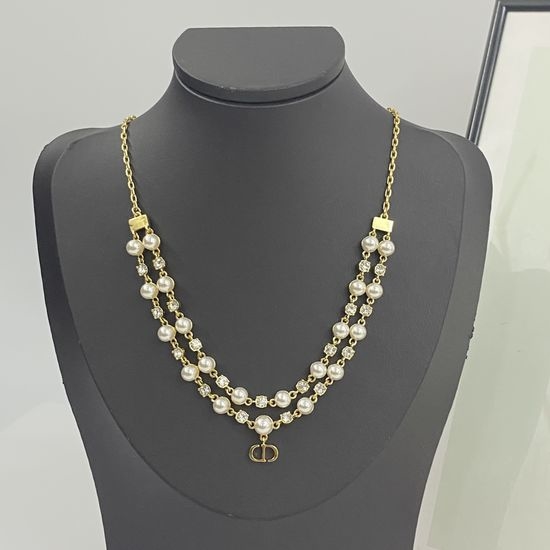 Christian Dior CD Elegant Pearl Crystal Double Layer Necklace