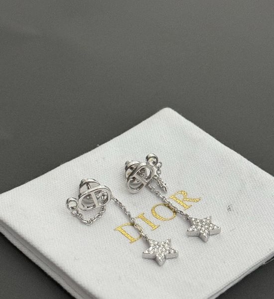 Christian Dior CD Silver Star Tassel Rhinestone Stud Earrings