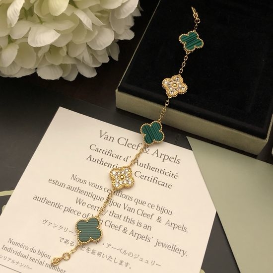Van Cleef & Arpels VCA Malachite Diamond Five Flower Bracelet