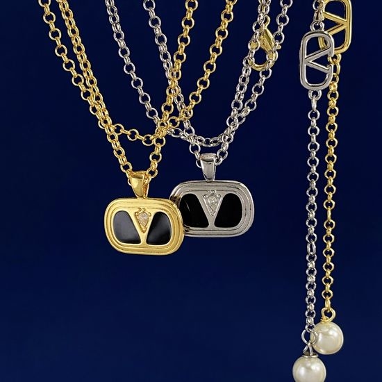 Valentino V Letter Pearl Pendant Chain Necklace