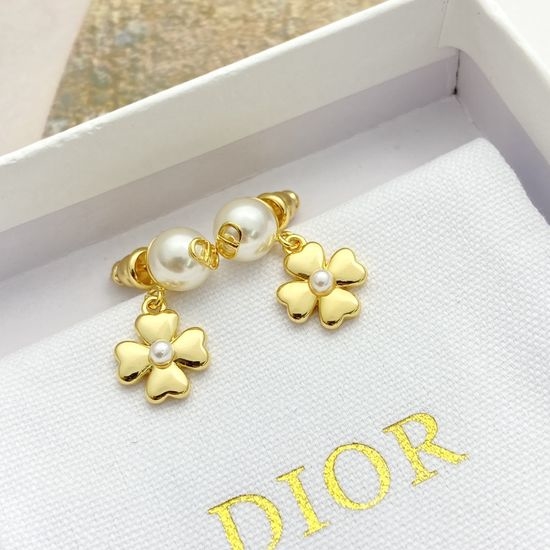 Christian Dior CD Pearl Four Leaf Clover Stud Earrings